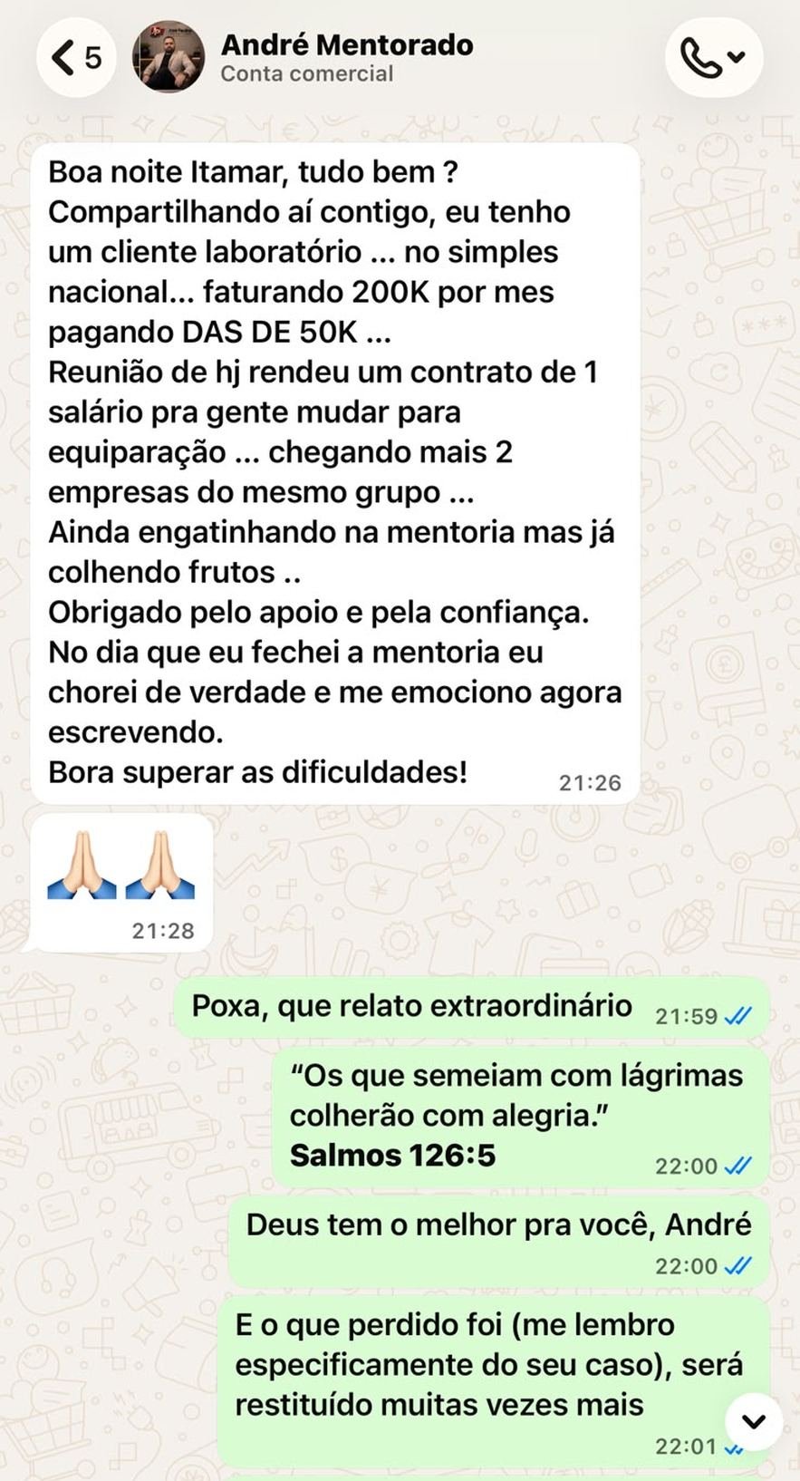 Print de conversa: mentorado relata contrato de equiparação e mais duas empresas do mesmo grupo.